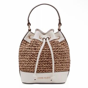 Anne Klein Woven Straw Drawstring Bucket Bag w Removable Crossbody Strap - EUC!